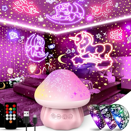iKidiki Regalo unicorno per ragazze 3-8 anni, ricaricabile cielo stellato proiettore per bambini, giocattolo da sirena unicorno dai 3 agli 8 anni in su. 【3 film+remote+3 timer+rotazione】