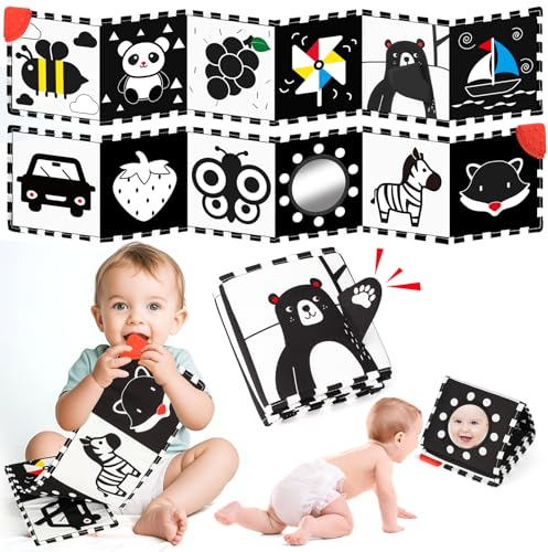 BBWOO Libro di Stoffa per Neonati, Libro Sensoriale, Double Sided Libri Morbidi con 12 Motivi, Libro di Stoffa Pieghevole Riutilizzabile, Gioco dentizione Neonato 0-3 Mesi, con Specchio Bianco e Nero