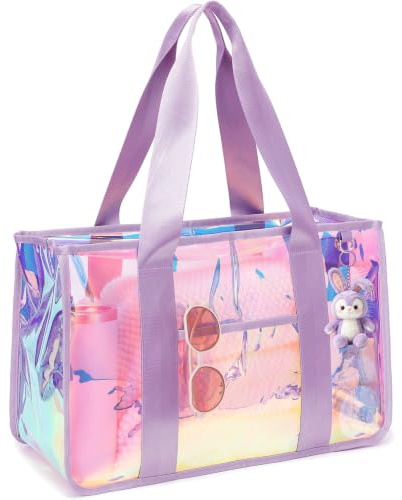 Fammart Iridescent Clear Beach Bag for Women, Jelly Tote Bag Waterproof Sandproof Pool Bag Cruise Vacation Essentials, Large - Iridesent Purple
