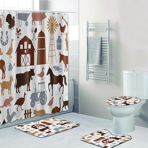 Duschvorhang Kaffee Weißes Tier Badezimmermatte Verdickung Bad Teppiche Set, Duschvorhang Stoff+Bath Mat rutschfeste(50x80cm)+U-Typ Fußmatte Wasseraufnahme+Toilette Badmatte