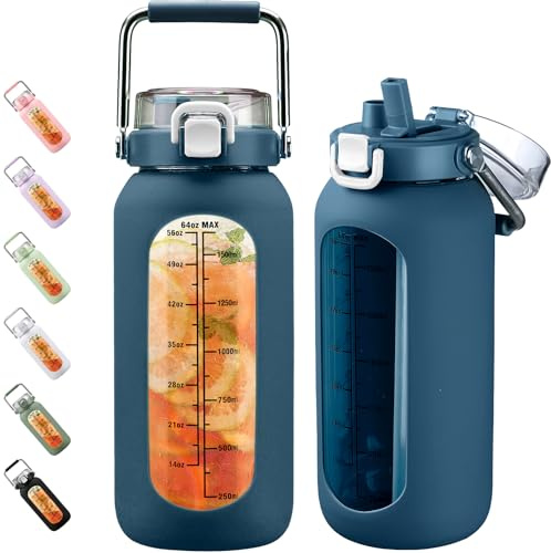 BLUEGO 2000ml Borosilicate Glass Water Bottle with Stainless Handle and Time Marker 2L Drinking Bottle with Silicone Sleeve and Straw for Gym Office Outdoor Sports Water Bottles BPA Free, Dark Blue