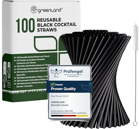 Greenland Pack de 100 pajitas reutilizables negras cortas para cóctel con cepillo – 15 cm de largo, 6 mm de ancho – Perfectas para cócteles y para niños