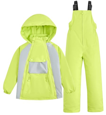 JiAmy Conjunto de 2 piezas de traje de nieve para niños, chaqueta acolchada con capucha, pantalones de nieve, traje ultraligero para niños y niñas, Verde, 6-8 años