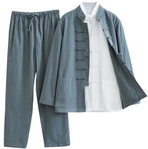 Cotton Linen Tai Chi Uniform Set of 3 Loose Kung Fu Suit Chinese Tang Suit Men Martial Art Jacket green-4XL