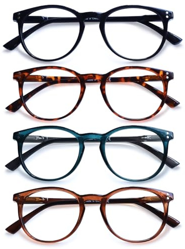Kerecsen 4 Pack Reading Glasses for Women Men Retro Round Frame Spring Hinges Lightweight Readers Mens Womens (Black Tortoiseshell Blue Brown, 2.50, Dioptres)