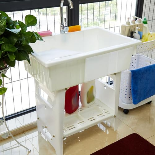 Lavandino in plastica con lavabo, rubinetto girevole a 360° e ripiano portaoggetti per garage e lavanderia