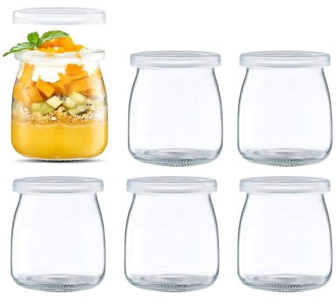 QiMan 6-pack Genomskinliga dessertglas med lock, 200 ml yoghurtglas med lock, syltglas, yoghurtkoppar, små glas med lock. Tillverkning av yoghurt, pudding och olika drycker