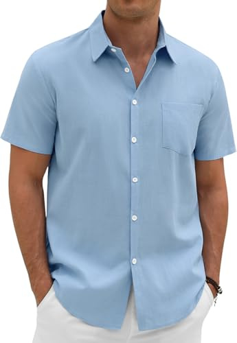 Xnova Mens Linen Cotton Shirts Summer Short Sleeve Shirt for Men Adult Regular Fit Beach Shirt with Pocket Casual Smart Button Down Tops for Holiday Work, Light Blue, L