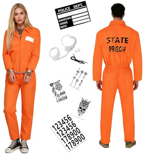 Shengou Costume da prigioniero da uomo e da donna, Costume da detenuto per adulti, Tuta da prigione e manette, galeotto per adulti Costume di Carnevale di Halloween (XL)
