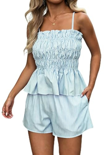 crazy bean Conjunto Verano Mujer de 2 Piezas Top Tirantes y Pantalones Cortos a Rayas Elegante Camiseta Bandeau Elástico