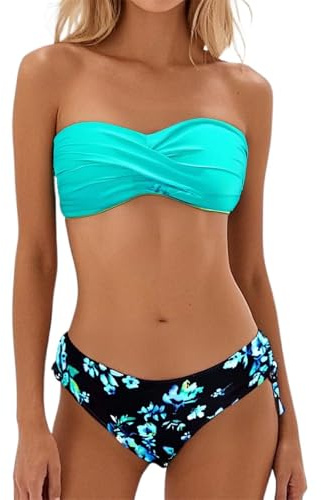 Traje de baño para mujer, sin tirantes, bikini bandeau – Parte superior de traje de baño frontal de dos piezas con lazo lateral, parte inferior de traje de baño para verano, playa, piscina, vacaciones