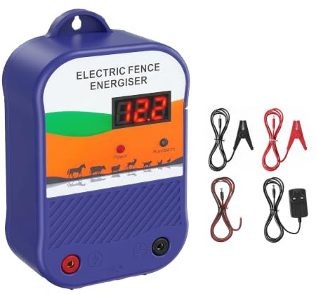 Mains 12V Battery&Solar Support Electric Fence Energiser,1.5 Joules 10km Range High Voltage Livestock Fencer, IP65 Weatherproof Outdoor Predator Protection for Horses Sheep Cattle Poultry,LED Display