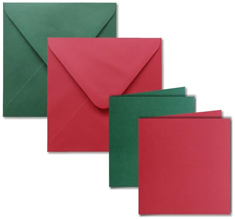 Set di 30 biglietti pieghevoli quadrati con buste, biglietti di invito bianchi in rosso e verde, 135 x 135 mm (13,5 x 13,5 cm)
