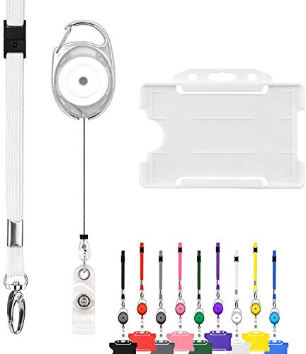 Retractable Lanyard and Badge Holder Trio Triple Pack by LanyardsTomorrow - Set Includes A Single Plain Lanyard, Extendable Carabiner Yoyo Reel Clip and Rigid ID Card Holder (White)