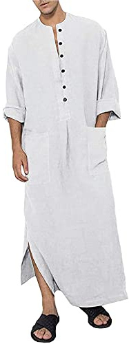 YAOHUOLE Men's Long Sleeve Thobe Button Up Abaya Long Gown Side Split Kaftan Robe with Pockets
