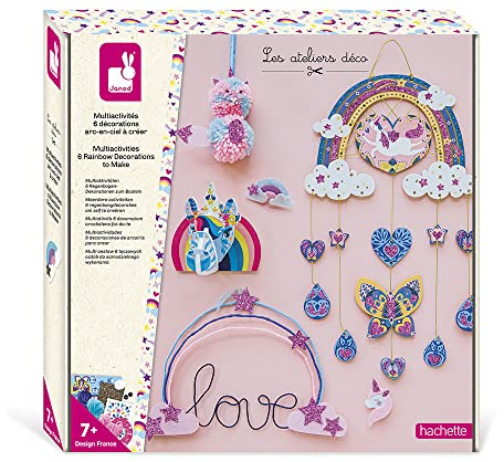 Janod - Kombi-Set für 6 Einhorn- und Regenbogen-Basteleien – Les Ateliers Déco – Kreativ-Set für Kinder – Geschicklichkeit & Konzentration – Ab 7 Jahren, J07972, Rainbow