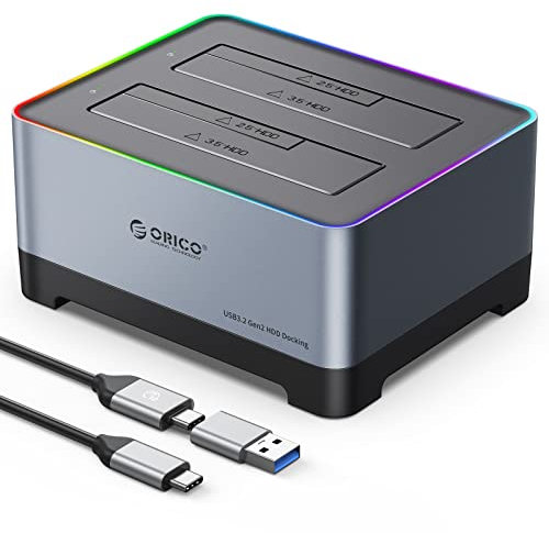 ORICO Hard Drive Docking Station USB 3.2 Gen 2 to SATA I/II/III 2.5 or 3.5 inch HDD SSD Aluminum Alloy RGB Gaming Dock up to 18TB with UASP [Both Type-C and Type-A Support], Tool-Free (5828C3)