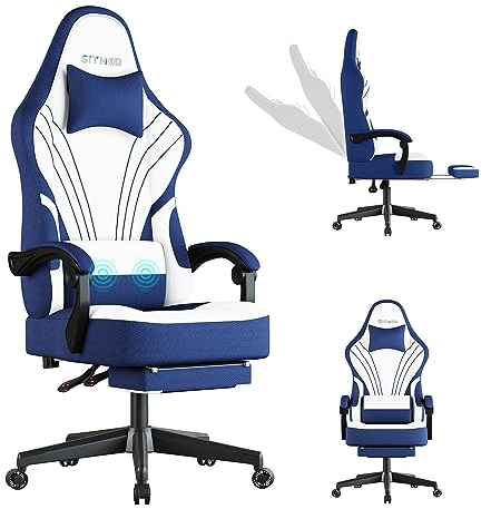 Ulody Gaming Stuhl, Ergonomisch Gaming Chair mit Fußstützen, pc Stuhl mit kopfstütze und lendenkissen,360 Grad Drehbar, Höhenverstellbarer Stoff Gaming Sessel -Blau