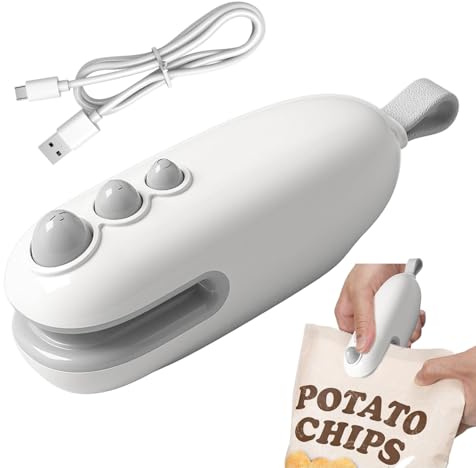 Mini Folienschweißgerät, 2 in 1 Hand Folienschweißgerät mit Cutter, USB Aufladung,Tütenverschweißer mit Magnetfuß für Lebensmittellagerung, Tragbar Tütenverschweißer (Weiß)