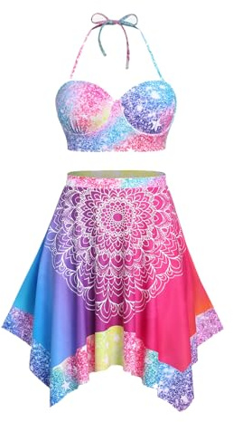 ROSE GAL Women Plus Size 3 Piece Glitter Stars Tribal Two Piece Bikini Set with Handkerchief Skirt Bathing Suit Halt Underwire Tummy Control Swimsuit(Red_1/L)