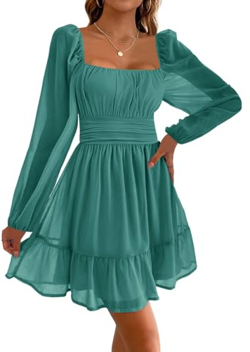 Imily Bela Robe de soirée pour femme - Col carré - Mini robe en maille - Taille haute - Plissée - Manches longues - Invité de mariage - Avec volants