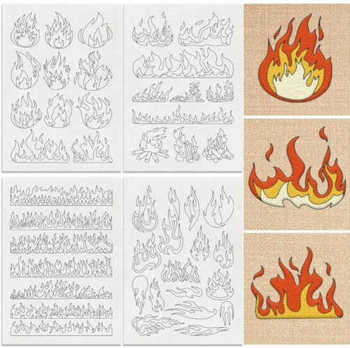 DOODLREAM 4 Sheets Flame Stitch Stabilizer 21 x 29.7 cm | Water Soluble Hand Sewing Embroidery Paper with Burning Fire Spark & Blaze Patterns for DIY Hand Embroidery Craft
