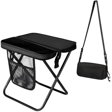 12 Portable Collapsible Stool - Folding Chair with Storage Pouch, Convertible Satchel for Hands-Free Carry & Supports 265Lbs, Ultralight for Hiking, Fishing, Camping, Festivals (Black, Standard)