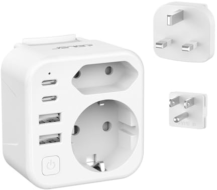 Adattatore di viaggio JSVER con spina rimovibile di tipo B/tipo G, adattatore di viaggio internazionale con 2 porte USB-A e 2 porte USB-C per più di 150 paesi (Bianco)