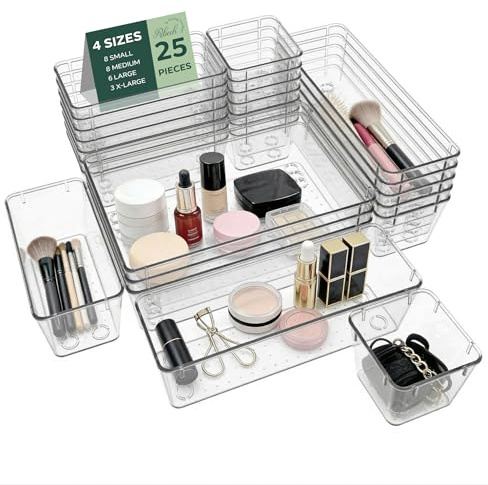 Ribech Set da 25 Scatole Organizzatrici per Cassetti, 4 Misure con Punti Antiscivolo, Organizer Impilabile Trasparente per Trucchi, Cucina, Bagno e Ufficio