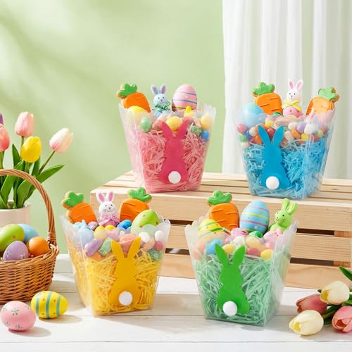 Willinglong 12 Pcs Easter Bucket with Bunny Tails, Bunny Egg Pails Raffia Grass & Pom Pom Tails, Spring Party Favor for Eggs Candy,Gifts for Spring Easter Eggs Hunt Party