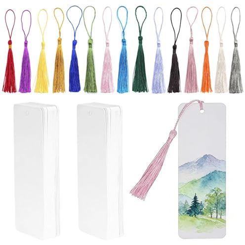 Touosy 90 Pezzi 14 x 4.9 CM Segnalibro Carta Segnalibro Personalizzato con Nappe per Fai da te Matrimonio Compleanno Feste Segnalibri Kit per Adulti e Bambini (Bianco)