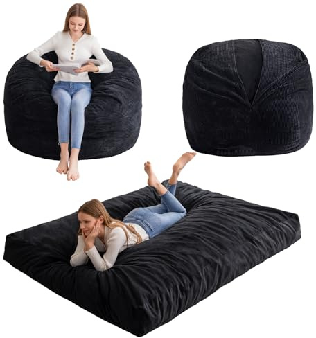 HIGOGOGO Bean Bag Chairs for Adults, Convertible Beanbag Folds from Reclining Chair to Floor Bed, Spacious Floor Couch with High-Elasticity Foam Filling, Machine Washable,Black King