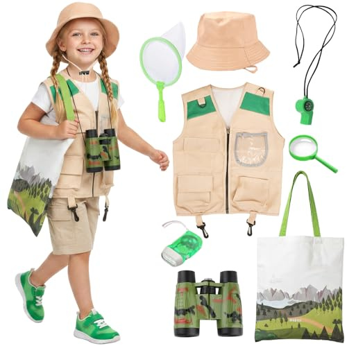 Xerteam Explorer Costume Kids Bug Explorer Kit, with Vest Safari Hat Binoculars Handbag Flashlight, Explorer Outfit Fancy Dress Set for Boys Girls 3-9Y Outdoor Camping Adventure Nature Learning