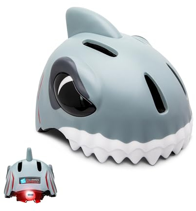 Crazy Safety Casco para Bicicleta para niños | Casco para niños de 2 a 7 años, Ideal para Bicicleta, monopatín, Patinete, Patines de Ruedas, Casco de Bicicleta 3D Ajustable 49-55 cm (tiburón Gris)