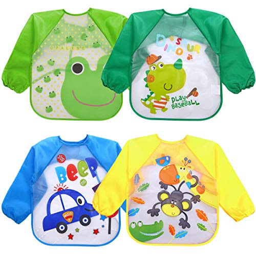 Tablier Enfant 4pcs Bavoir Manches Longues Bebe, Tablier Peinture Enfant, Tablier d'Alimentation de Jeu,de Peinture,Bavoir Bébé Imperméable Blouse pour Bébé de 6 Mois à 3 Ans