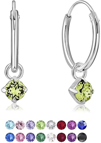 DTPsilver® KLEINE Creolen Ohrringe 925 Sterling Silber mit 3 mm Baumelnde Kristall - Mädchen - Dicke 1.2 mm - Durchmesser 12 mm - Farbe : Peridot