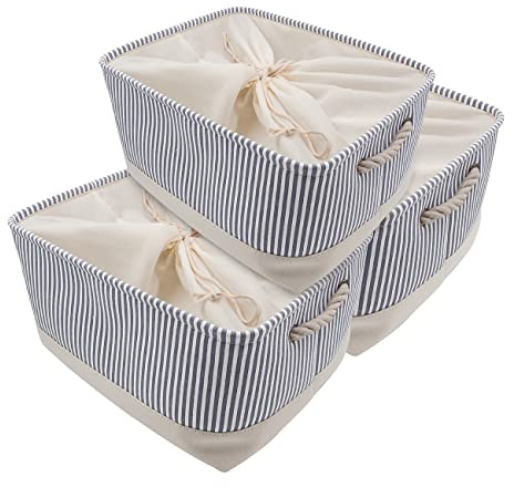 Mangata Collapsible Storage Box, Fabric Storage Basket with Handles | Soft & Durable, for Shelf, Closet, Wardrobe, Extra Large, 45x35x24cm, Grey Stripe, 3 Pack
