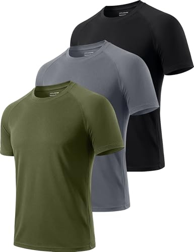 Cimic 3 Pack Gym Shirts for Men Workout Quick Dry Tops Casual Moisture Wicking Active Athletic Runing Tops Short Sleeve T-Shirt(590) Black Grey Green-L