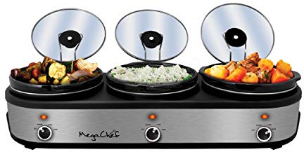 MegaChef Warmer Elite 2.5 Quart Slow Cooker and Buffet Server in Brushed Silver and Black Finish with 3 Ceramic Cooking Pots and Removable Lid Rests