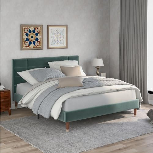 HYUB Polsterbett 140 x 200cm mit Lattenrost, Hautfreundliche Leinenmaterial, Doppelbett mit Kopfteil für Erwachsene&Jugendliche, Bett Jugendbett, Grün (Ohne Matratze)