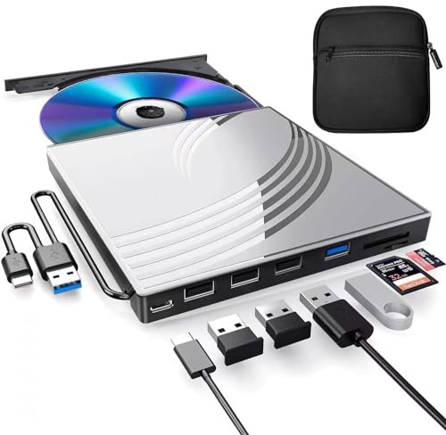 Unità esterna CD DVD+/-RW con custodia per il trasporto, registratore CD USB 3.0 ultra sottile con 4 porte USB, 2 slot per schede TF/SD, 1 porta di tipo C, lettore DVD per laptop