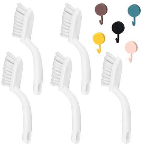 Scrubbing Brush With Handle - 5 Piece Cleaner Set for Crevice, Grout, Tile Cleaning - Stiff Hard Bristle Detailing Brushes With 5 Hooks for Bathroom