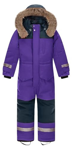 L SERVER Kinder Skianzug Jungen mit Kapuze Winddichte Wasserdichte Schneeoverall Mädchen Warmer Schneeanzug Dickere Skioverall mit Reflektierenden Streifen, Lila, 134-140