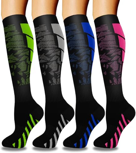 ACTINPUT 4 Paar Kompressionsstrümpfe für Damen Herren, Bunte Stützstrümpfe Kompressionssocken für Sport, Flug, Laufen, Reisen, Radsport, krankenschwester（4110 - Schwarz，L-XL）