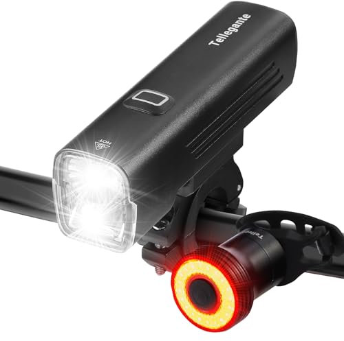 Tellegante All Aluminum Bike Lights Front and Back, Super Bright 2 Powerful LED Bicycle Lights, 6000mAh USB C Rechargeable Bike Headlight, Smart Brake Bike Taillight, IPX6 Waterproof for Road Mountain