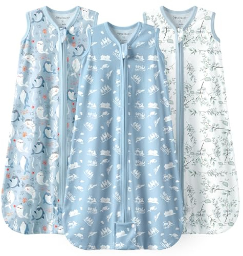 Mosebears 3 Paquetes Saco de Dormir de Verano Para Bebés 0,5 Tog Algodón Saco de Dormir Transpirable para bebés (Azul, M(6-12 meses))