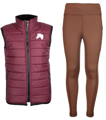 MS-Trachten Reitset Winter Kinder Reitweste Moni Maroon gesteppt mit Reitleggings Amy Braun (122/128)