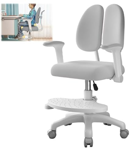TAZZOR Skrivstol för barn, höjdjusterbar med 90° svängbara armstöd och fotstöd | ergonomisk snurrstol för flickor och pojkar | bekväm lärostol för barnrum (grå)