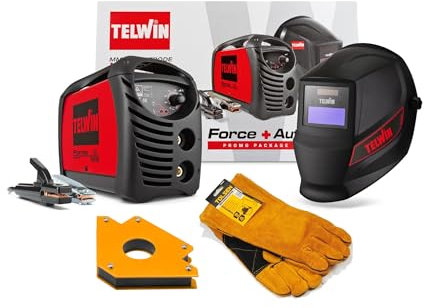 Telwin Force - Soldadora inverter de electrodo con máscara automática y accesorios de soldadura Telwin Force, 230 V, 4,23 kg, negro y rojo, con 1 par de guantes para soldar y posicionador magnético