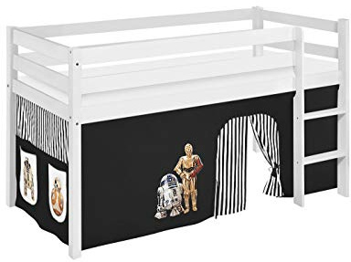 Lilokids Hochbett JELLE 90×200 cm | 90x190 cm – Kinderbett & Spielbett aus Massivholz (Kiefer) inkl. Lattenrost – Verschiedene Markenmotive (Star Wars schwarz, 90 x 200 cm)